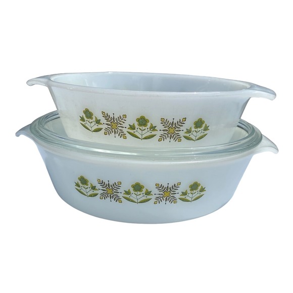 Anchor Hocking Fire King Milk Glass Casserole Dish Set Green Floral MCM Set of 2 - Picture 1 of 9